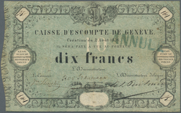 Switzerland / Schweiz: 10 Francs 1856, Caisse D'Escompte De Genève, P. S311, Stamped "Annulé", Used - Switzerland
