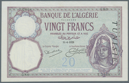 Tunisia / Tunisien: 20 Francs 1929 P. 6b, Light Center And Corner Fold, Crisp Paper And Original Col - Tunesien