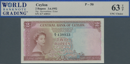 Ceylon: 2 Rupees 3. June 1952 P. 50, Sig. Jayewardene / Exter. WBG Graded 63 Choice UNC TOP. - Sri Lanka