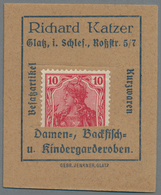 Deutschland - Briefmarkennotgeld: GLATZ, Richard Katzer, Damen- Und Kindergarderoben, Germania 10 Pf - Andere & Zonder Classificatie