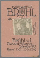 Deutschland - Briefmarkennotgeld: LEIPZIG, Kaufhaus Brühl, 2 Pf. Germania Grau, In Rosa Werbekarton - Autres & Non Classés