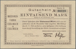 Deutschland - Notgeld - Württemberg: Esslingen, Maschinenfabrik, 1000 Mark, 2.10.1922, Erh. I-; 100 - [11] Emissions Locales