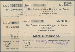 Deutschland - Notgeld - Württemberg: Giengen, Fa. Steiff, 1000 Mark, 2.2.1923; 500 Tsd. Mark, 17.8.1 - Lokale Ausgaben