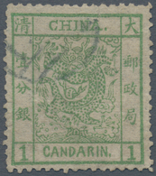 China: 1878, Large Dragon Thin Paper 1 Ca. Yellowish Green, Cliché 2, Used Black Seal, Top 3mm Close - Sonstige & Ohne Zuordnung