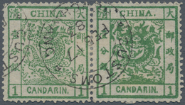 China: 1878, Large Dragon Thin Paper 1 Ca. Deep Green, A Horizontal Pair Setting 3 Clichés 5-4, Used - Andere & Zonder Classificatie