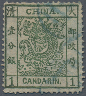 China: 1878, Large Dragon Thin Paper 1 C. Deep Green, Canc. Blue Seal (Michel Cat. 420.-). - Other & Unclassified