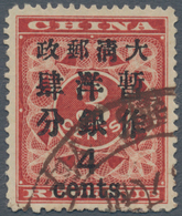 China: 1897, Red Revenue, Large 4/cents On 3 C., Heavy Surcharge, Canc. Large Dollar In Brown (Miche - Sonstige & Ohne Zuordnung