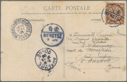 China: 1902, Coiling Dragon 4 C. Tied Bisected Bilingual "MENGTSZ 9 APR 05" To Ppc To Auxerre/France - Sonstige & Ohne Zuordnung