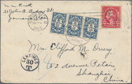 China - Portomarken: 1915, 4 C. Blue Strip-3 Tied "SHANGHAI 14.9.25" To Incoming Cover From Boston/U - Strafport