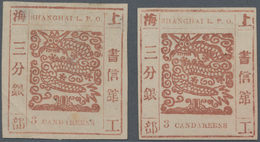 China - Shanghai: 1865, "Candareens." In The Plural, Two Singles Of 3 Cands. Light Red-brown On Thin - Sonstige & Ohne Zuordnung