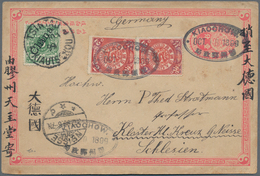 China - Ganzsachen: 1898, Card ICP 1 C. Uprated Coiling Dragon 2 C. (2) Tied Oval "KIAOCHOW OCT 10 1 - Cartes Postales