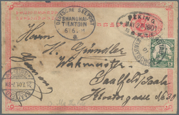 China - Ganzsachen: 1897, Card ICP 1 C. Cto "PEKING" Used As Form Franked Kiautschou 5 P. Tied "TSIN - Cartoline Postali