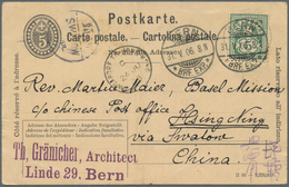 China - Incoming Mail: 1906, Swiss Postal Stationery 5 C. With 5 C. Tied To "BERN" To Missionar Maie - Andere & Zonder Classificatie