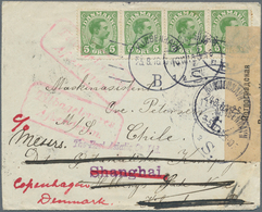 China - Incoming Mail: 1916, Denmark, 5 Oe. Green "KJOBENHAVEN 23.8.16" To Ship "Chile" At Shanghai, - Other & Unclassified