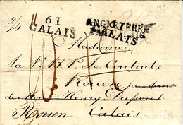 1820-de Londres,  Lettre 61 / CALAIS  + ANGLETERRE  Barré Par 61 / CALAIS Taxe 12 Puis 10 Pour Rouen-au Dos,achemineur - 1801-1848: Precursores XIX