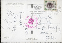 MONACO - ANNULLO A TARGHETTA "COURONNE DE BLASON MEDITERRANEE" 13.09.1955 SU CARTOLINA ILLUSTRATA - Lettres & Documents