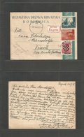 Croatia. 1941 (30 Sept) Zagreb - Triest. Express 1ku Stat Card + 2 Adtls, Cds + Label. Fine. - Kroatië