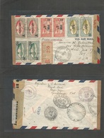 Frc - Guadalupe. 1944 (18 June) Basse Terre - USA, NYC (28-29 June) Registered Multifkd Ovptd Issue Dual Censored Envelo - Andere & Zonder Classificatie