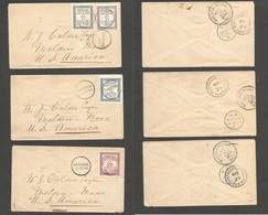 Bc - Cook Is.. 1892 (3 Oct) Rarotonga - USA, Malden, Mass (30 Nov) 3 Multifkd Envelope With Federation 6 Diff  Stamps, C - Other & Unclassified