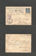 India. 1894 (20 Oct) Nalgonda, Karakal - Germany, Hamburg (11 Nov) 1a Blue Ovptd Stat Card + Sea PO + "too Late". Fine. - Other & Unclassified