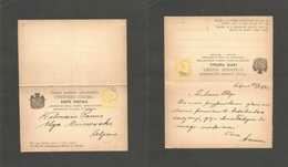 Montenegro. 1893 (27 Feb) Cebyne. Doble Yellow Card Stationary. Proper Message Used One Way. Very Scarce. - Montenegro