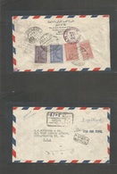 Saudi Arabia. 1948 (7 Dec) Mecca - USA, Pha, PA (14-15 Dec) Via NY. Reverse Multifkd Airmail Registered Envelope. R-cach - Arabia Saudita