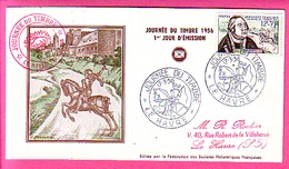 LE HAVRE 1956 ENVELOPPE 1° JOUR JOURNEE DU TIMBRE VIGNETTE  SOCIETE PHILATELIQUE HAVRAISE  ERINNOPHILIE - Briefmarkenmessen