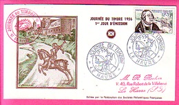 LE HAVRE 1956 ENVELOPPE 1° JOUR JOURNEE DU TIMBRE VIGNETTE  SOCIETE PHILATELIQUE HAVRAISE  ERINNOPHILIE - Philatelic Fairs