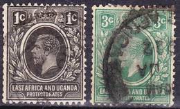 British East Africa And Uganda 1921 Wmk Crown Script CA King George V. Mi 60-61, SG 65-66, Used O - Protectorats D'Afrique Orientale Et D'Ouganda