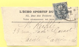 FRANCIA - France - 1921 - 1c Blanc - Bande Journal, Wrapper - L'Echo Sportif Du Nord-Est - Viaggiata Da Reims Per Saint - Zeitungsmarken (Streifbänder)