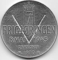 Norvège - 25 Kroner - 1970 - Argent - Norvegia