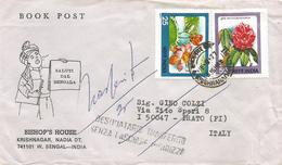 India 1977 Krishnagar Rhodondendron Lotus Redirected Italia Handstamp Cover - Brieven En Documenten