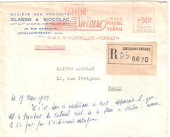 LEVALLOIS PERRET Seine Lettre Recommandée Ob 1954 Tf 50 F EMA Entête GLASS SICCOLAC Emaux Vernis Peinture Etiqutte - Affrancature Meccaniche Rosse (EMA)