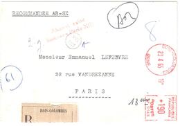 BOIS COLOMBES Seine Carte Lettre Recmmandée Ob 1965 EMA Guichet SP 0143 Tf 1,90 F Griffe Absent Avisé Paris XIII Facteur - Freistempel