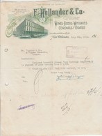 Etats Unis Facture Lettre Illustrée 8/6/1912 HOLLANDER Wines Beers Whiskies Cordials Cigars NEW ORLEANS - Cigares Whisky - Etats-Unis