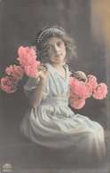 PRETTY YOUNG GIRL-BLUE DRESS-TIARA-HOLDING PINK FLOWERS REAL PHOTO POSTCARD 36446 - Other
