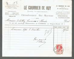 M-Facture Le Courrier De Huy - Obl Burdinne Et Huy 2A Hoei Le 30-VIII-1911 Sur 74 Avec Bandelette Vers Héron - 1900 – 1949