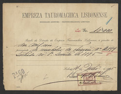Portugal Reçu 1895 Timbre Fiscal Empreza Tauromachica Lisbonense Corrida Taureau 1895 Receipt Revenue Stamp Bullfight - Briefe U. Dokumente