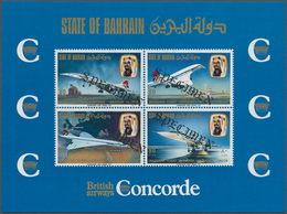 Bahrain: 1976, Concorde First Flight Bahrain-London, Souvenir Sheet With Four Diagonal Black SPECIME - Bahrain (1965-...)