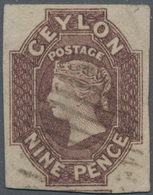 Ceylon / Sri Lanka: 1857-59 9d. Purple-brown, Used And Neatly Cancelled By Oval Of Bars, Cut Square - Sri Lanka (Ceylon) (1948-...)
