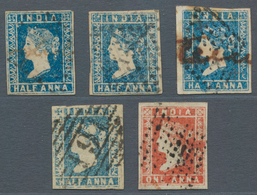 Indien: 1854-55 FLUKES: Five Lithographed Stamps With Printing Flaws Including ½a. Blue (Die I) With - 1852 Provincie Sind