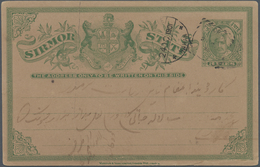 Indien - Feudalstaaten: SIRMOOR 1899 Postal Stationery Card 3p. Green Used To Nahan In 1901, Cancell - Other & Unclassified