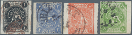 Iran: 1875, Lions Issue Complete Used Rouletted Set Of Four Stamps Clear Cancelled, Minor Faults And - Irán