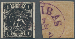 Iran: 1875/1876, Rouletted Issue 1ch. Black And Block Of Four Issue 4kr. Yellow (slight Imperfection - Iran