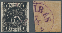 Iran: 1875/1876, Rouletted Issue 1ch. Black And Block Of Four Issue 4kr. Yellow (slight Imperfection - Irán