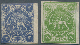 Iran: 1875, Lions Issue 2 Ch. Ultramarine Closed Margins And 8 Ch. Green Thin At Right, Rouletted Is - Iran