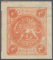 Iran: 1875, Lion Issue 4 Ch. Orange Official Reprint, Wide Margins, Small Thins, Rare Plate Flaw, Fi - Iran