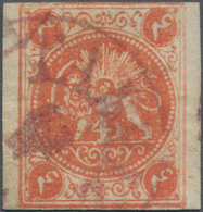 Iran: 1875, Rouletted Lion Issue, 4ch. Orange-red, Type B, Postally Used "TABRIZ", Signed And Opinio - Iran