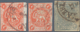 Iran: 1875, Lions Issue 2 Ch. And 4 Ch. Cut To Shape Used Rouletted Stamps Clear Cancelled, Minor Fa - Iran