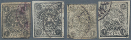 Iran: 1876, Lion Issue 1 Ch. Black, Four Stamps Showing All Four Types, Fine Sued, Touched To Wide M - Iran